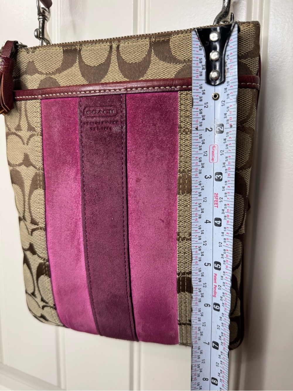 COACH 🎆 Signature Suede, Leather Crossbody Bag, Tan & Burgundy, Monogrammed Logo - Picture 6 of 16